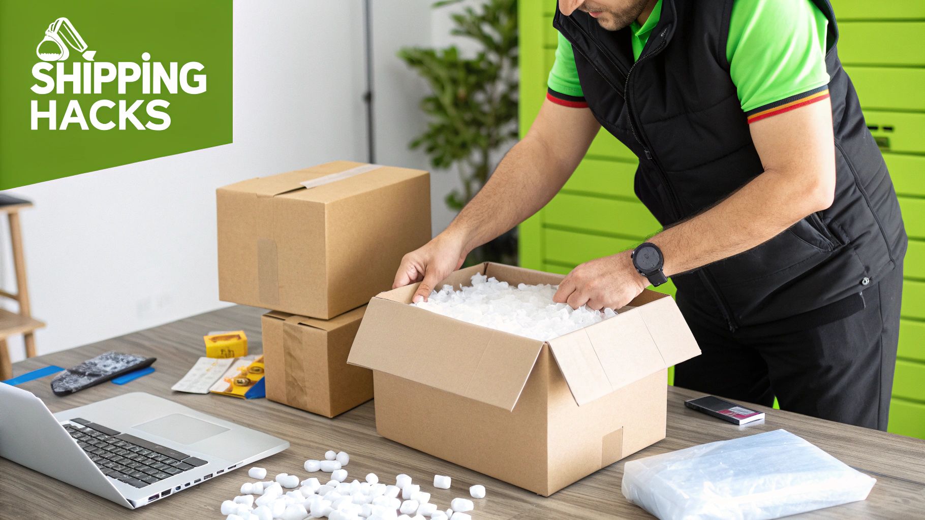 A person optimising a parcel's packaging with lightweight filler material.