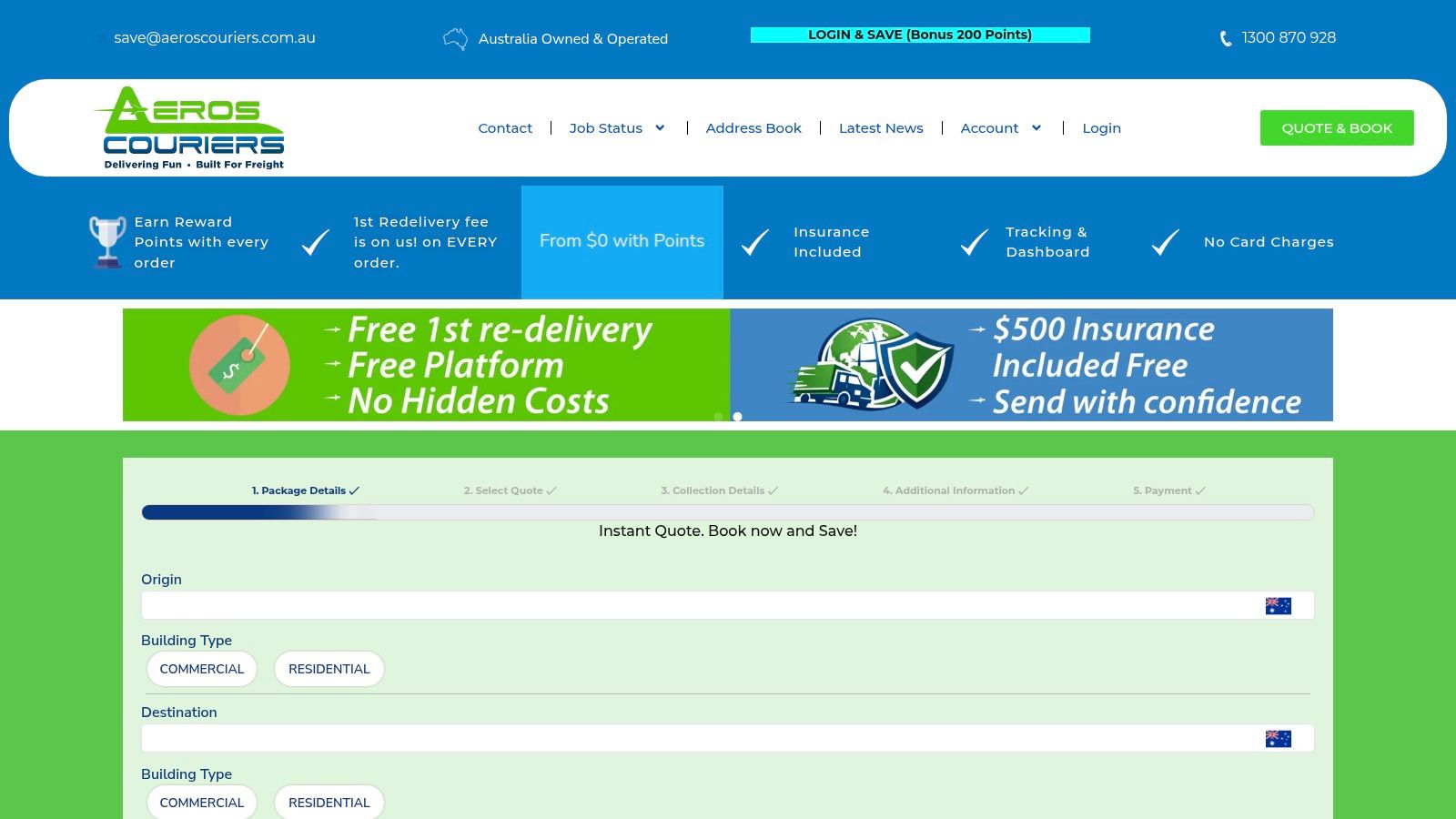 Aeros Couriers online booking form for fast parcel delivery