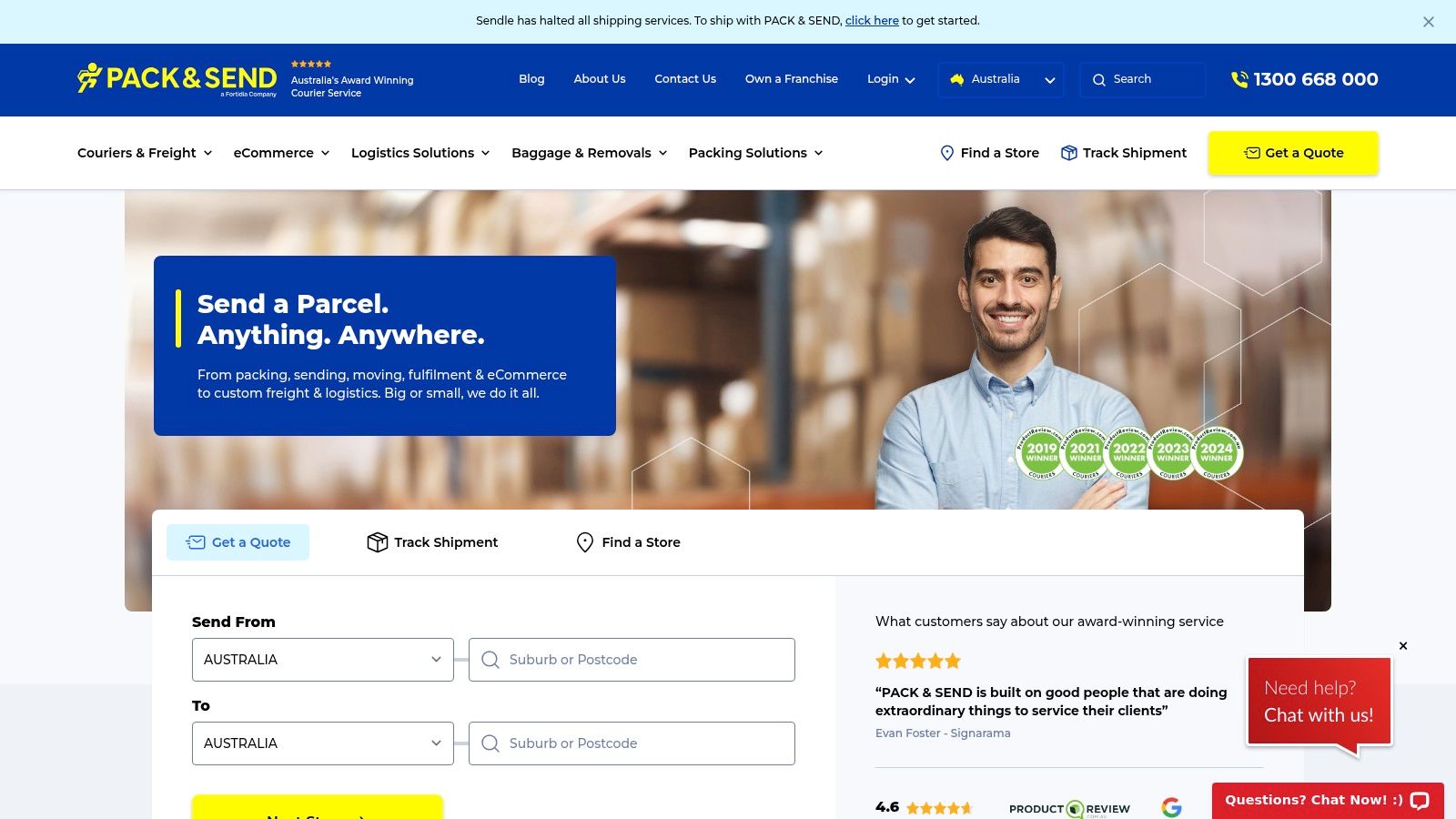 PACK & SEND service centre showing professional packing and shipping services