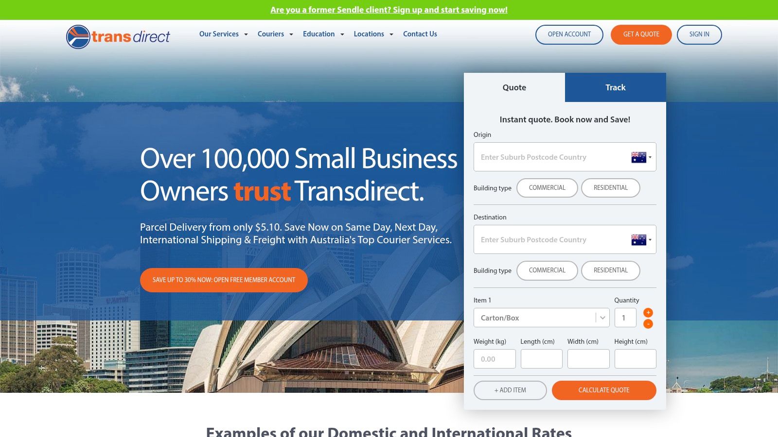 Transdirect website interface showing a simple quote form for courier comparison