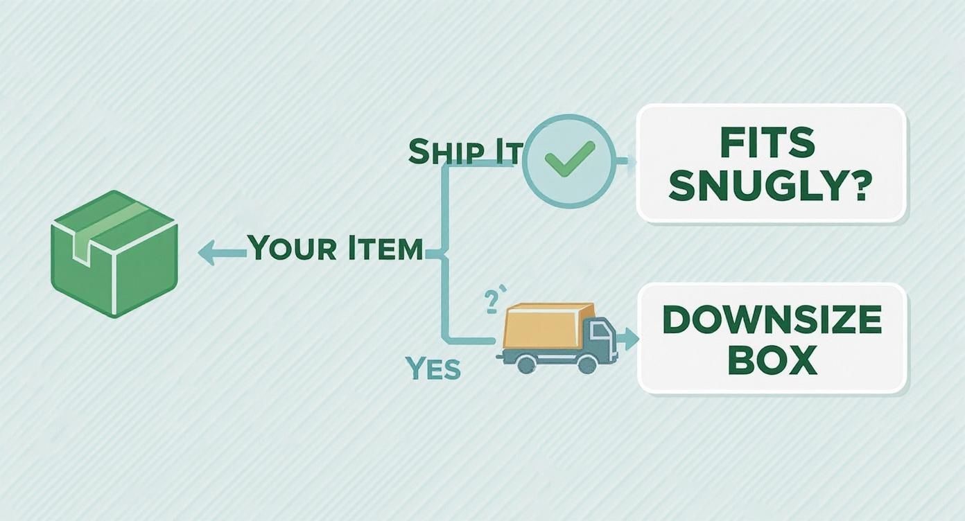 Flowchart showing shipping decision process from item to packaging with downsize or ship options