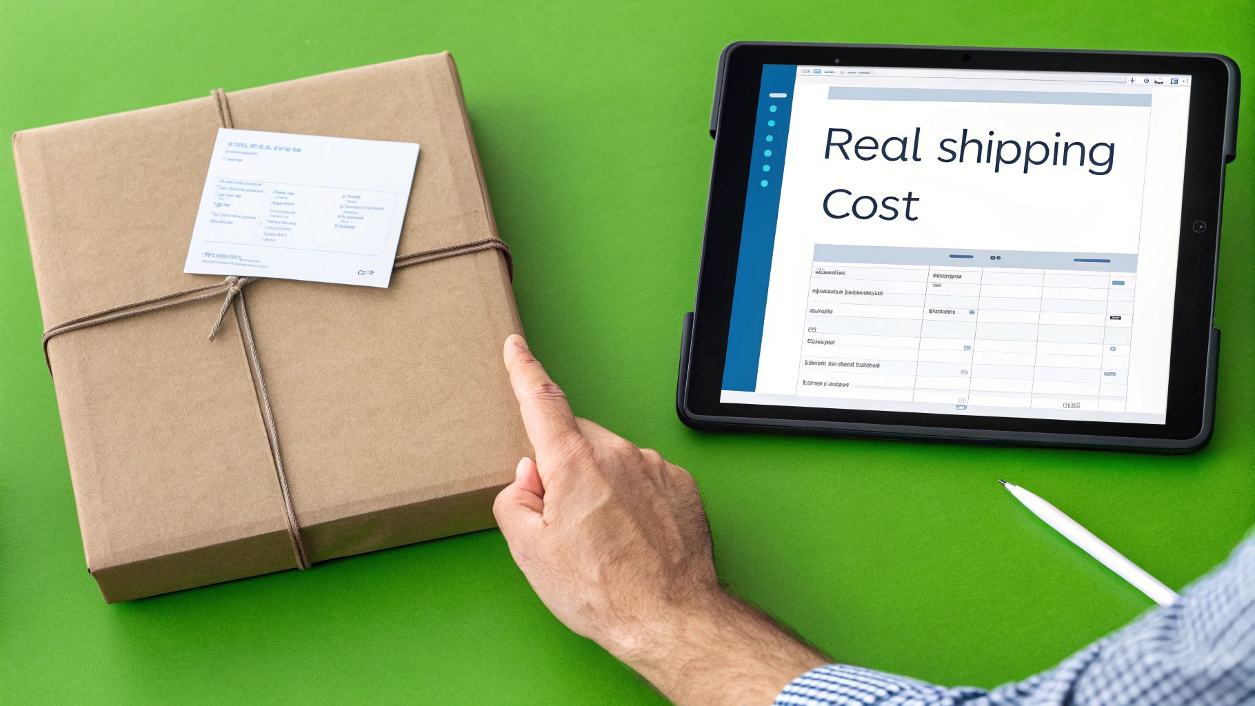 Person reviewing real shipping costs on tablet next to brown package with packing slip