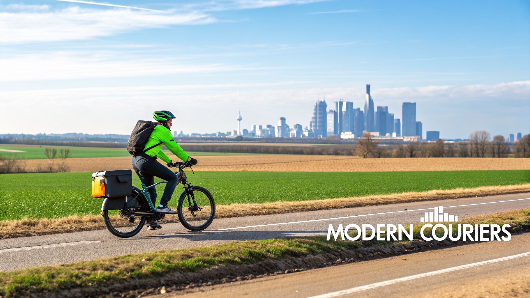 A person in a bright green jacket and helmet cycles on a rural road towards a distant city skyline, carrying a delivery box.