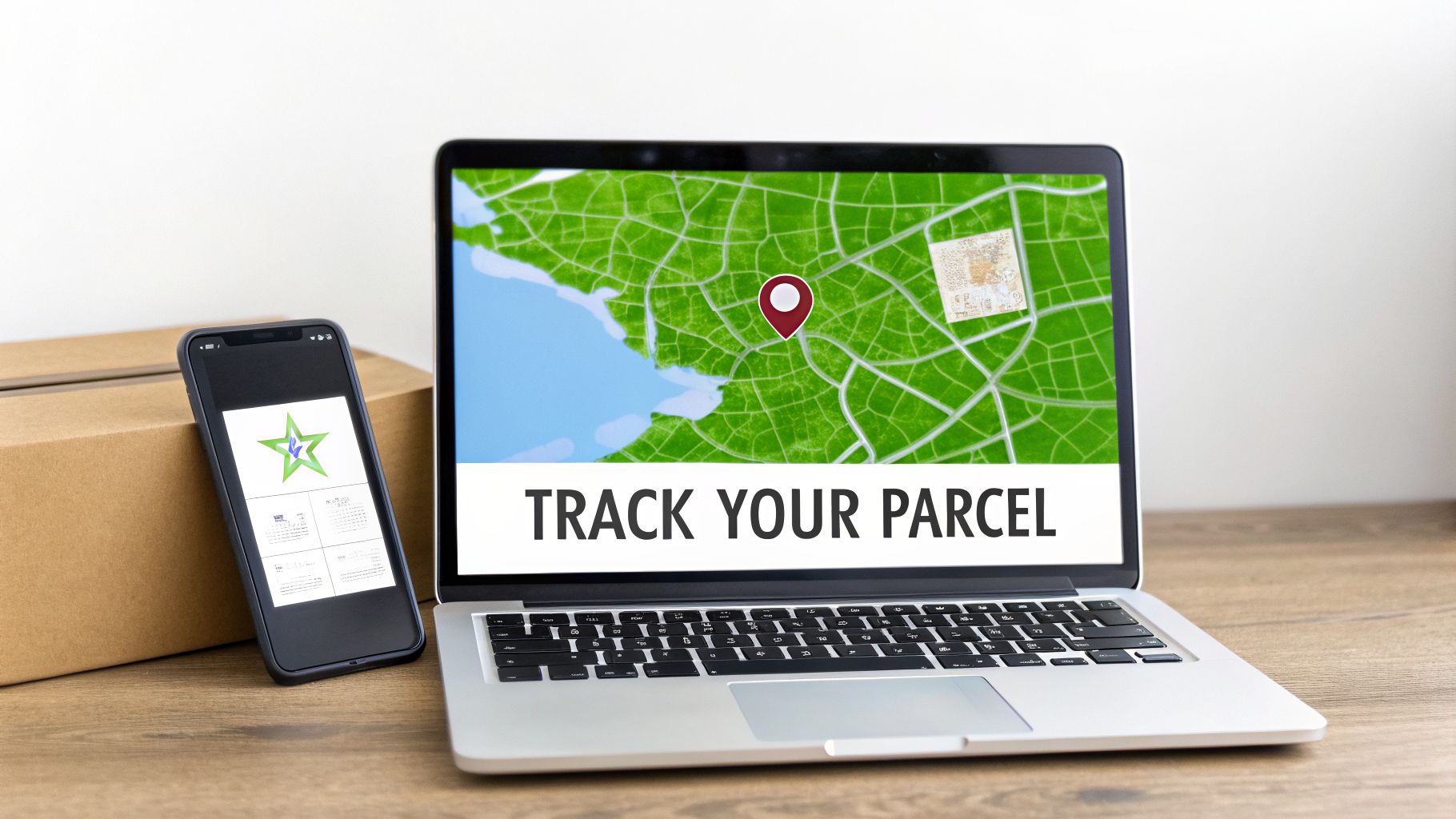 A laptop and smartphone display a parcel tracking map and information next to a delivery box.