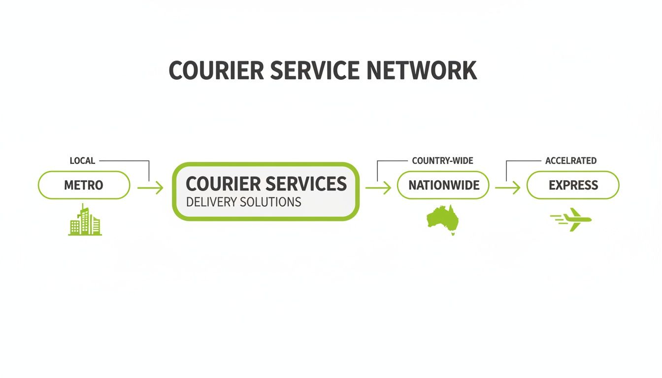 Diagram illustrating a courier service network flow from local metro to nationwide and express delivery.