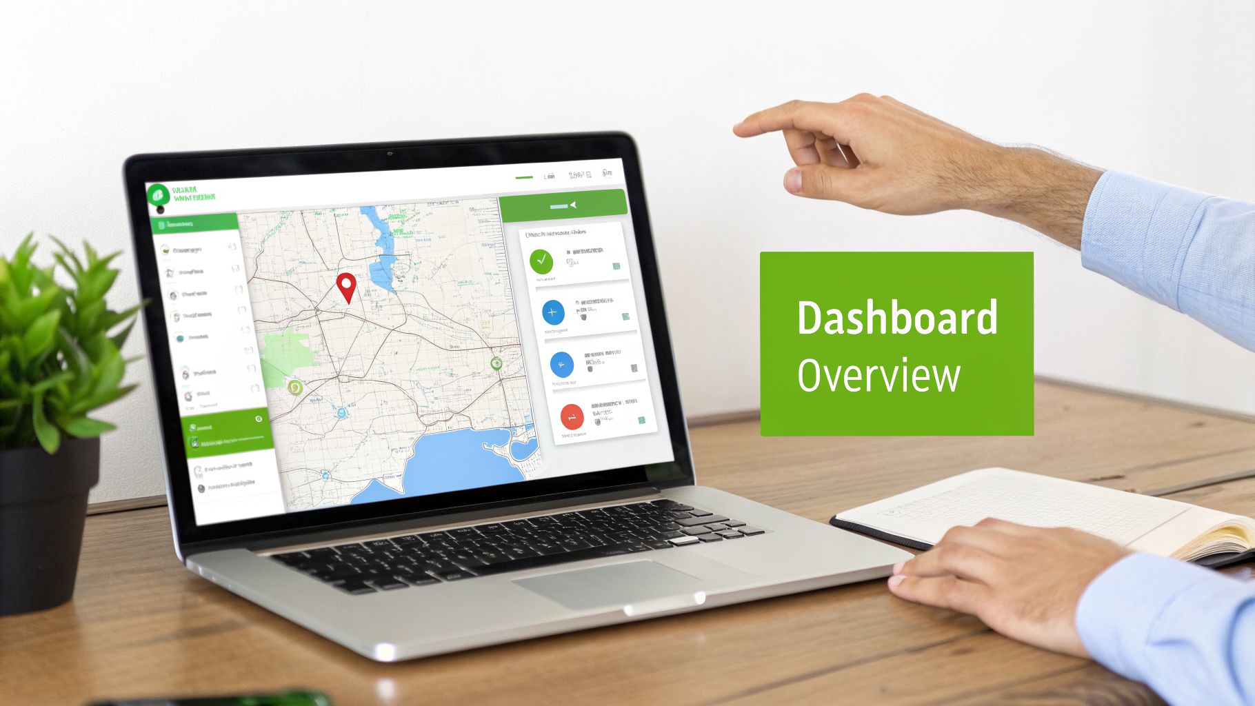 Person interacts with a laptop showing a logistics tracking dashboard, with a visible "Dashboard Overview" text.