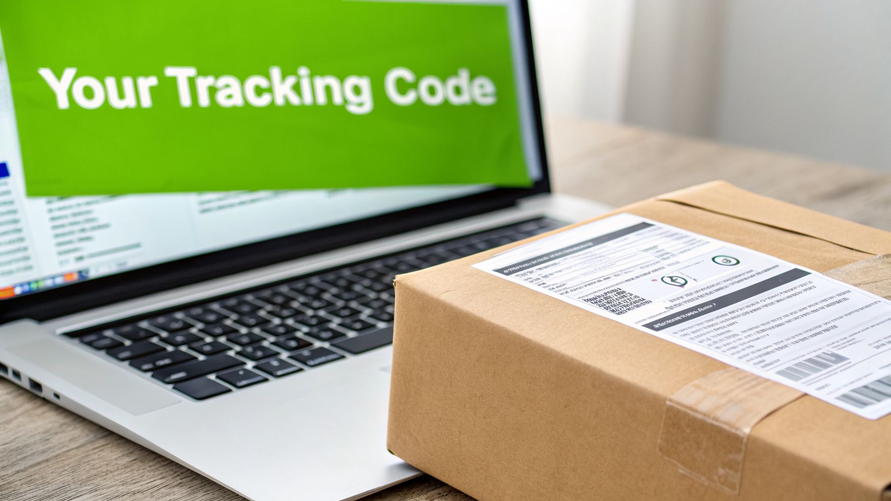 A cardboard box with a shipping label sits in front of a laptop displaying 'Your Tracking Code' on a green screen, representing online package tracking.