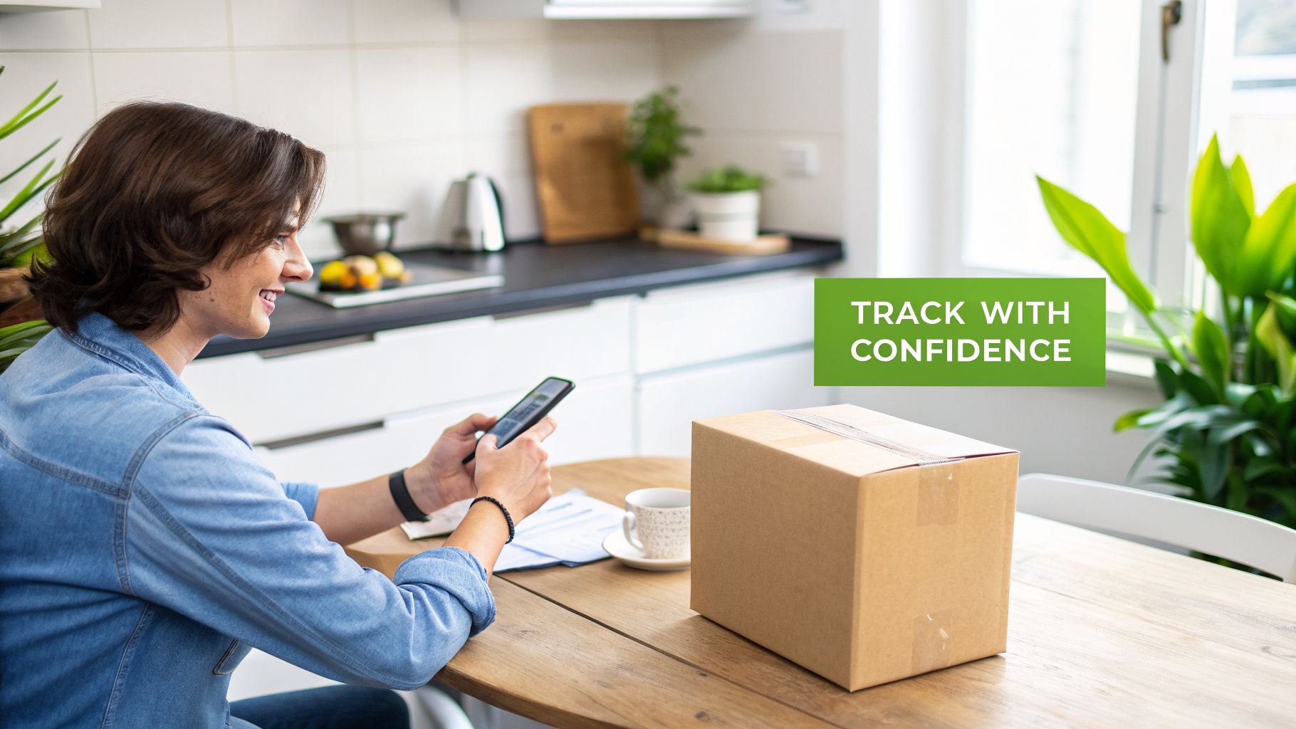 A smiling person in a denim shirt tracks a package on their smartphone in a bright kitchen.