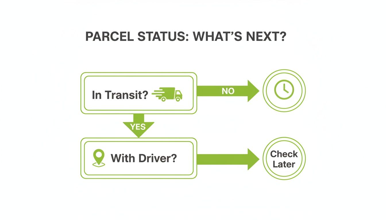 A flowchart detailing parcel tracking statuses: In Transit? No leads to wait; Yes leads to With Driver? Yes leads to Check Later.