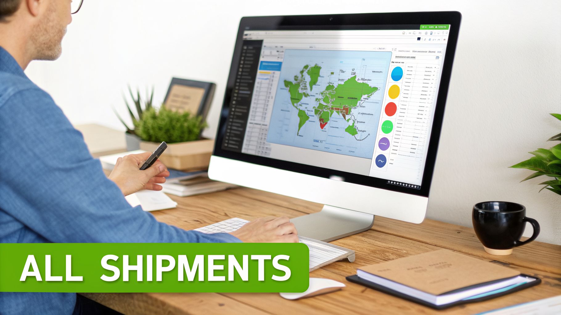 A person monitors global freight shipments on a desktop computer, analyzing a world map.