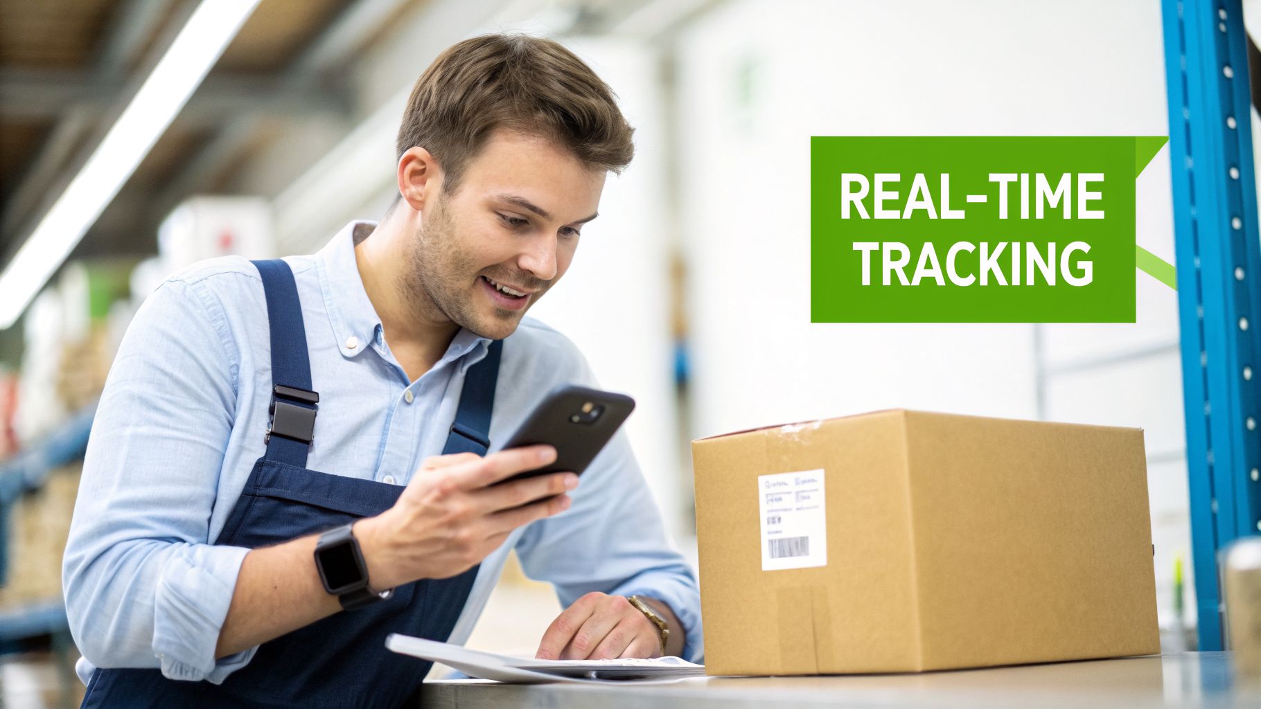 A smiling man in a warehouse scans a package with his smartphone, showing real-time tracking.