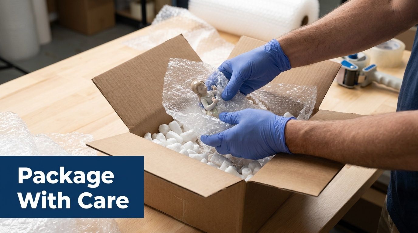 A person wearing blue gloves carefully packing a small porcelain figurine into a shipping box with padding.