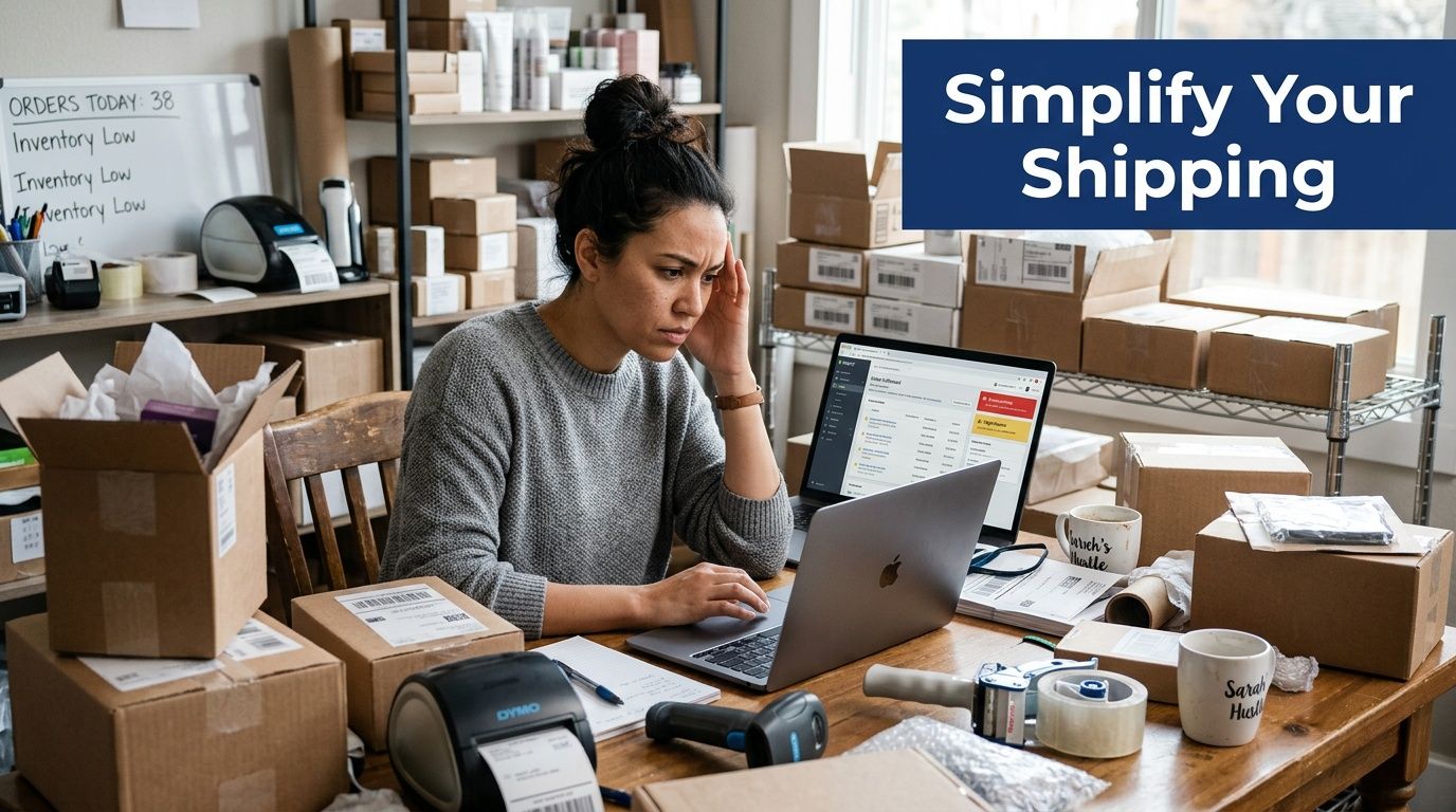 A woman looks stressed while managing shipping orders on her laptop in a busy workspace.