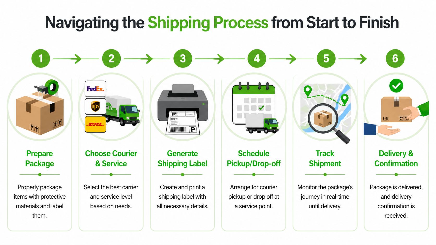 A six-step infographic illustrating the professional shipping process from packaging to final delivery and confirmation.