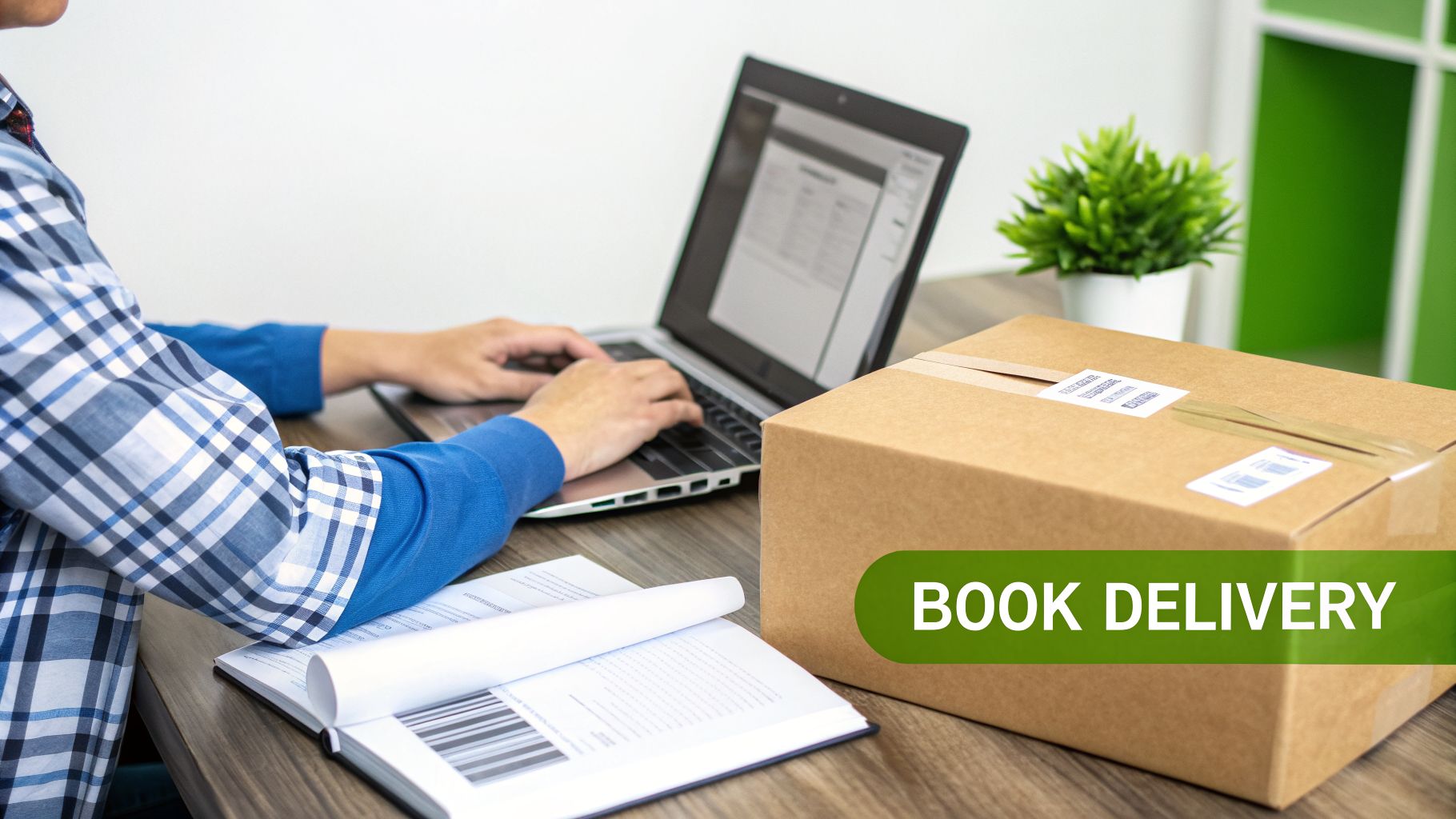 A person uses a laptop, preparing a package and books for delivery service.