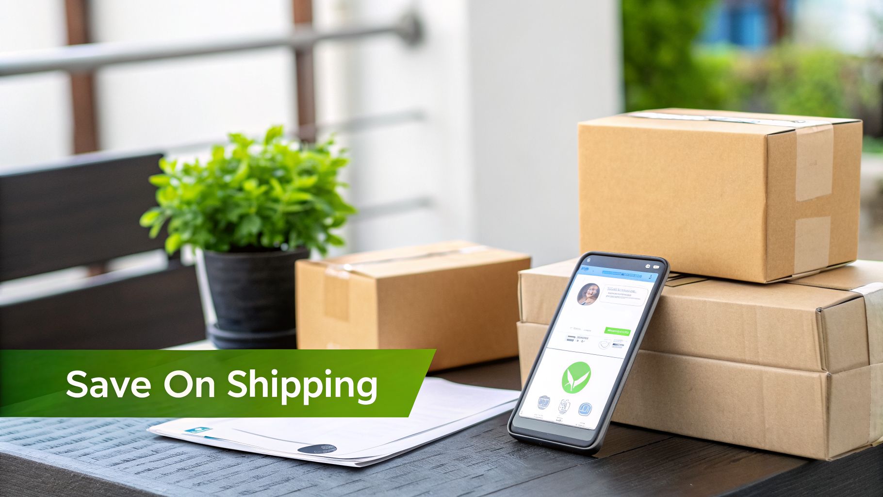 A smartphone displaying a shipping app with cardboard boxes on a table, promoting saving on shipping.