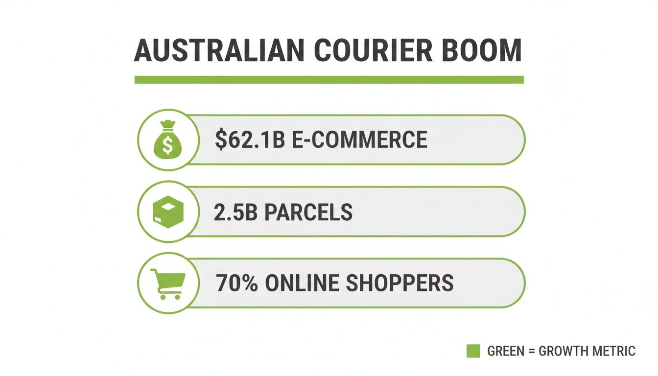 Infographic showing Australian courier boom statistics: $62.1B e-commerce, 2.5B parcels, 70% online shoppers.