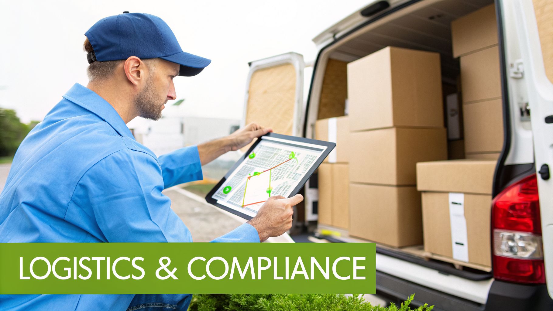 A delivery driver in a blue uniform uses a tablet to optimize routes with packages in a van.