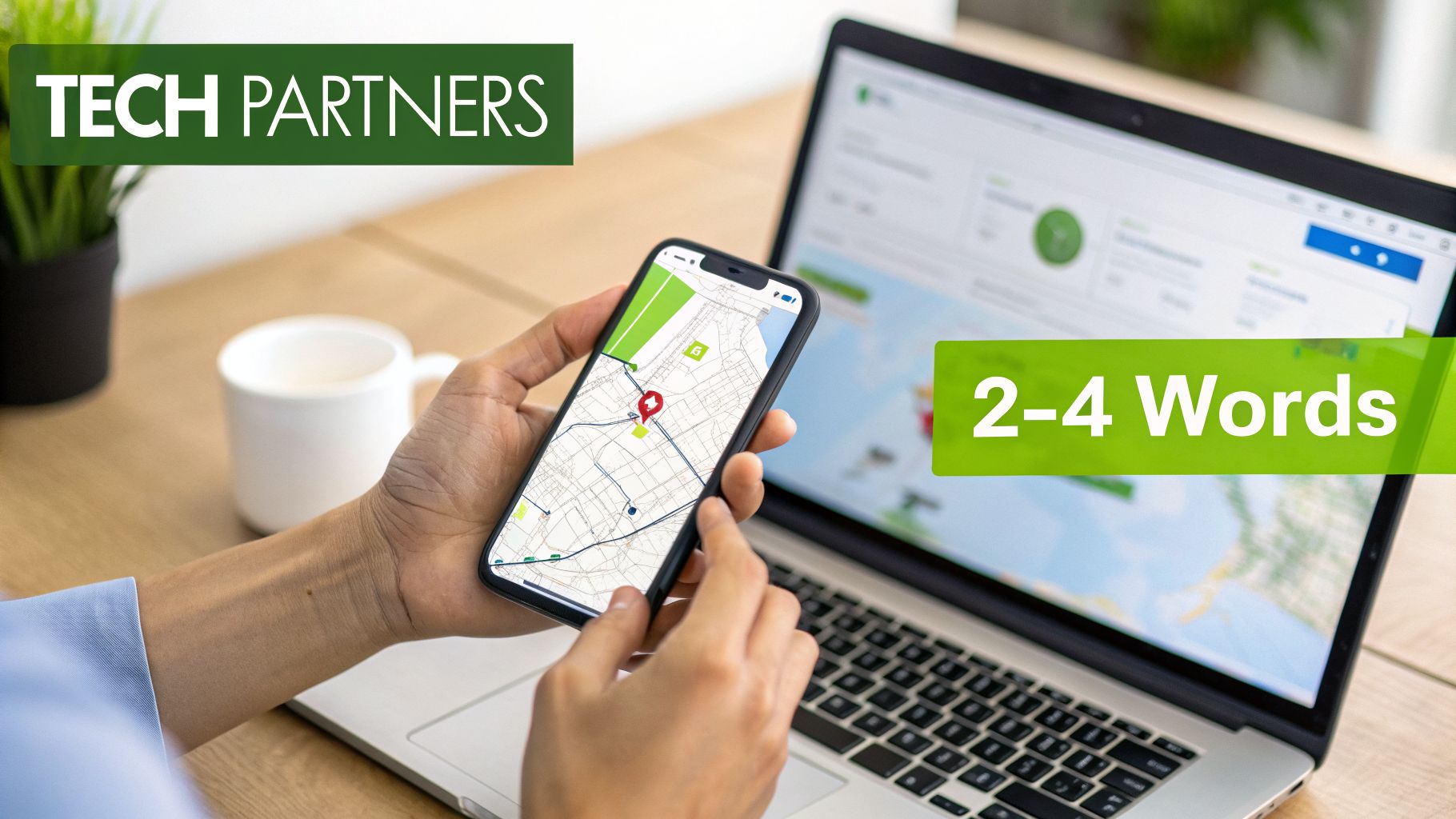 A person's hands hold a smartphone displaying a map and location pin, with a laptop on a desk.