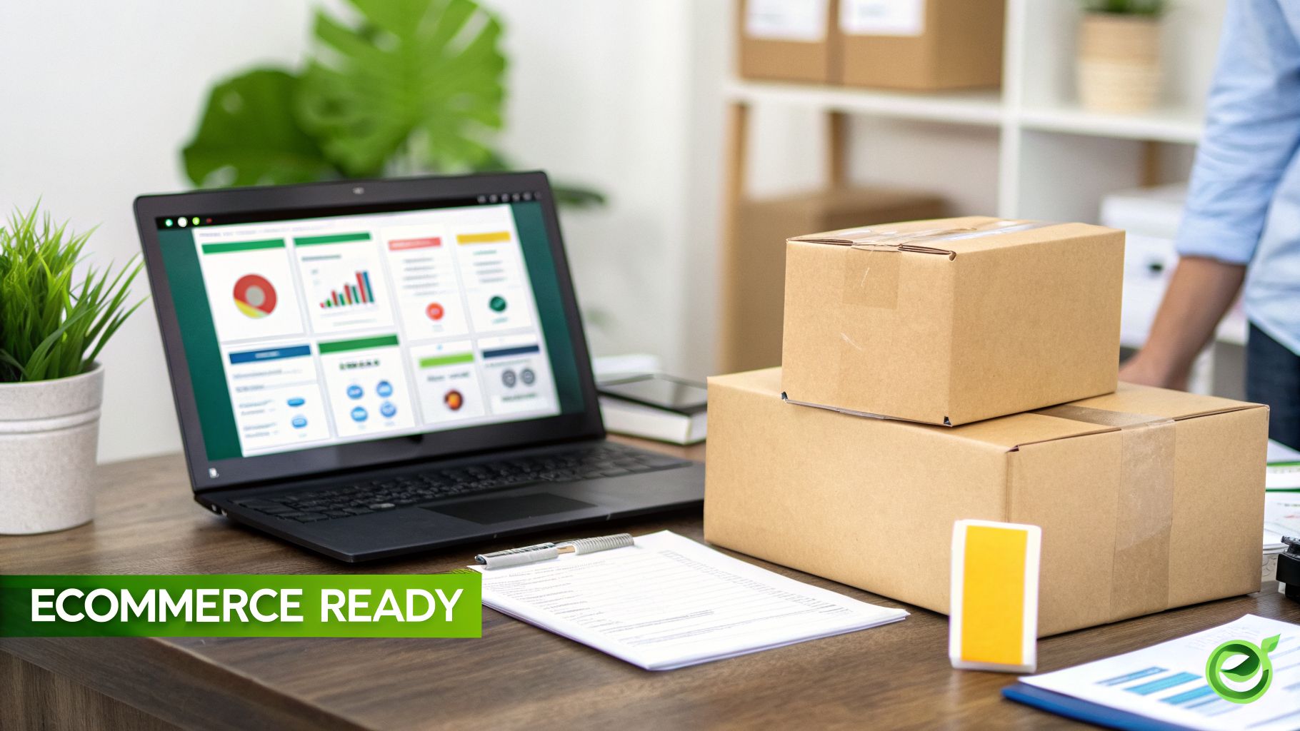 A laptop displaying business analytics on a desk with cardboard shipping boxes and a clipboard.