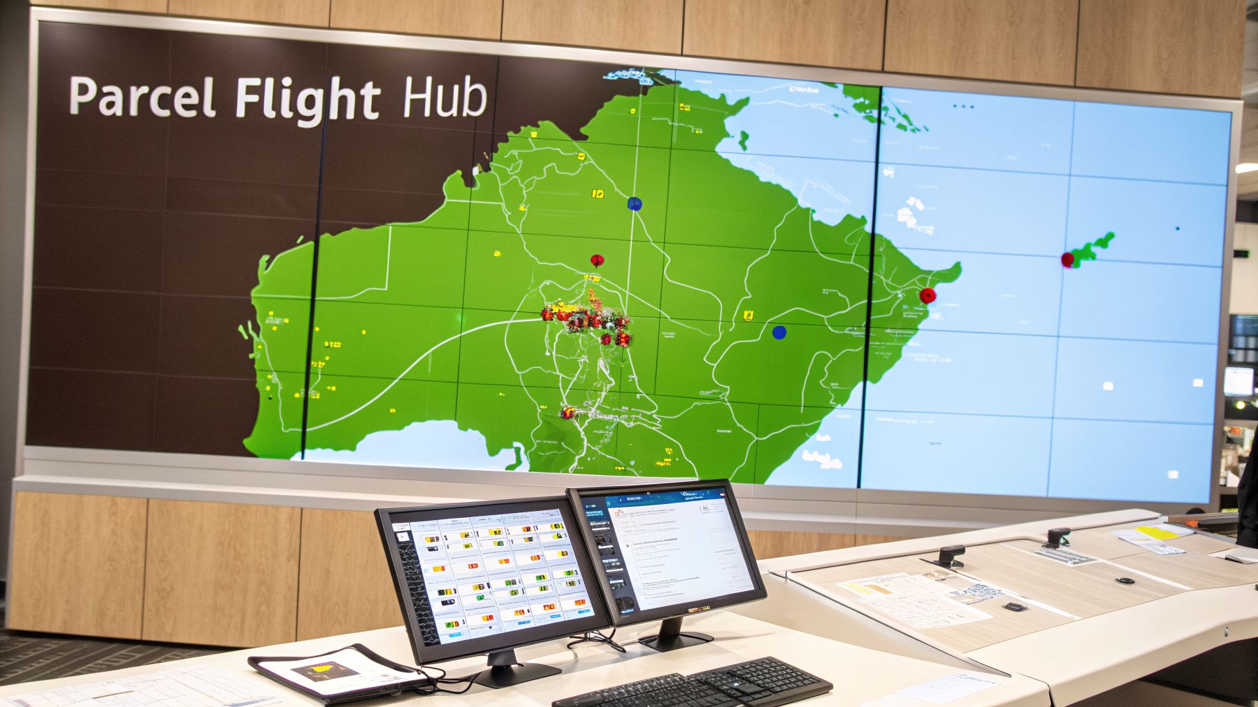 A logistics control room featuring a large 'Parcel Flight Hub' map on a screen and two computer monitors.