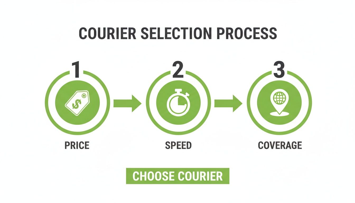 Infographic detailing the courier selection process based on price, speed, and coverage criteria.