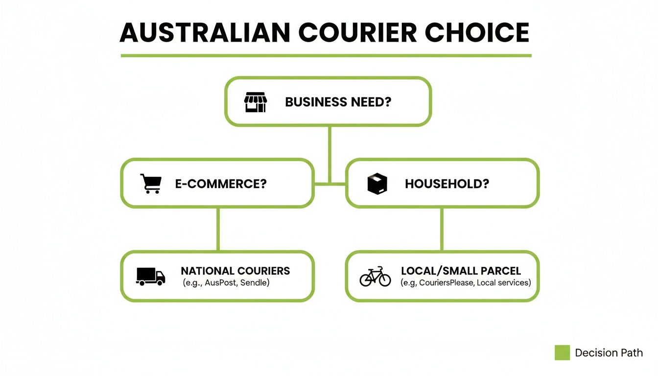 Flowchart illustrating Australian courier choices, differentiating between business needs (e-commerce or household) for national or local services.