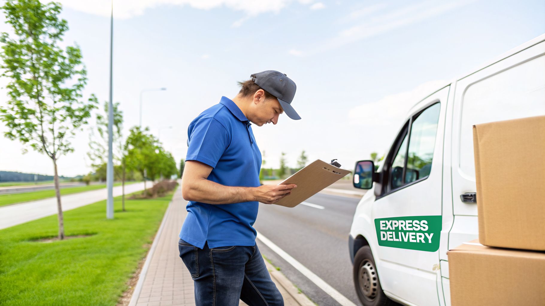 A male courier in a blue uniform checks his clipboard next to a white express delivery van.