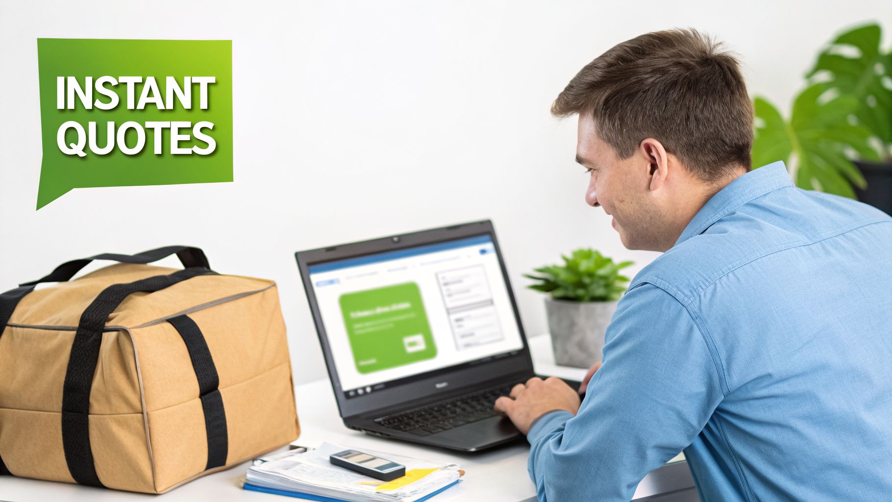 A man smiling while using a laptop to get instant quotes, with a delivery bag nearby.