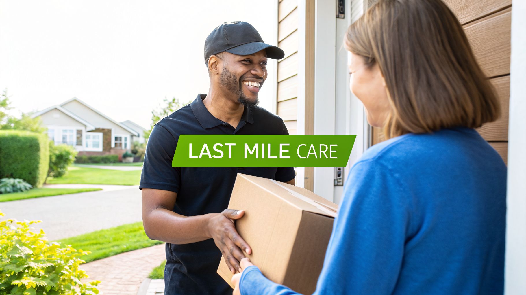 A smiling delivery man hands a cardboard package to a woman at her home's doorstep.