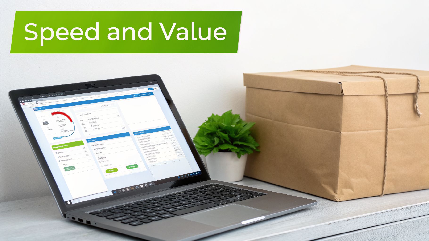 Laptop with data dashboard and a package, illustrating efficient logistics with speed and value.