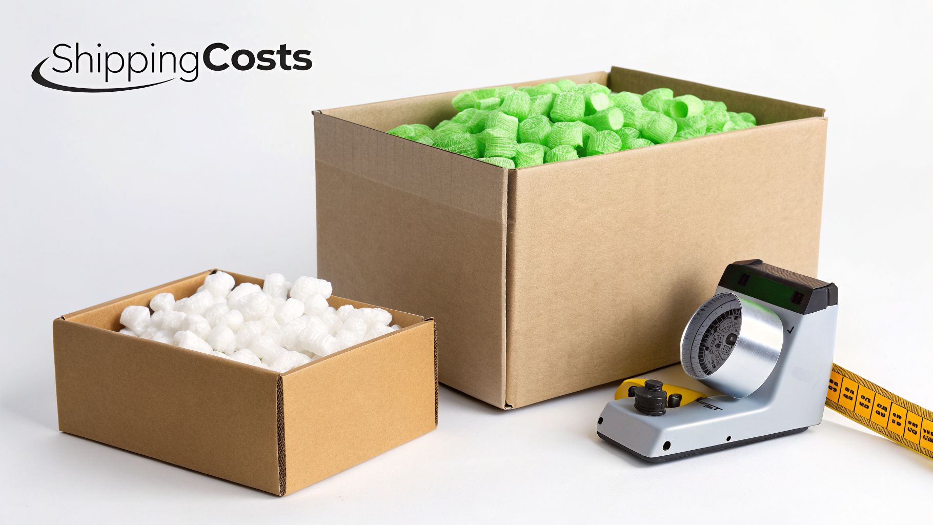 Cardboard shipping boxes filled with green and white packing peanuts, a measuring device, and tape measure.