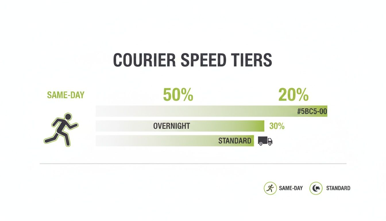 A bar chart illustrating courier speed tiers: Same-Day (50%), Overnight (30%), and Standard (20%).