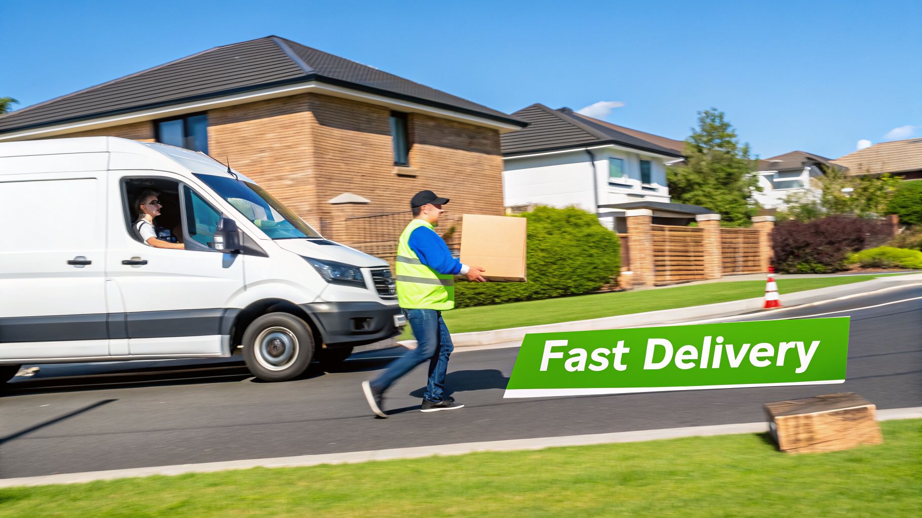 A delivery person in a neon vest carries a package from a white van on a suburban street, next to a 'Fast Delivery' sign.