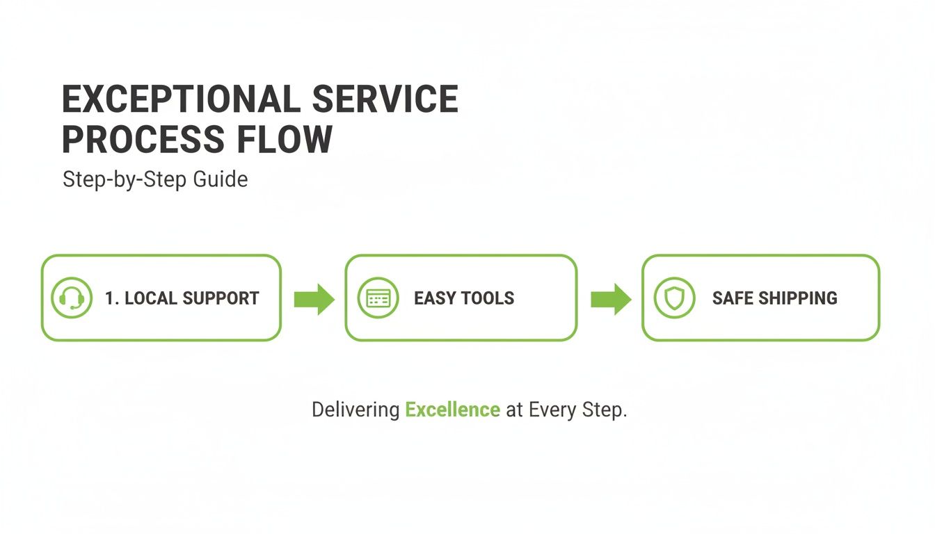 Flowchart illustrating an exceptional service process with local support, easy tools, and safe shipping.