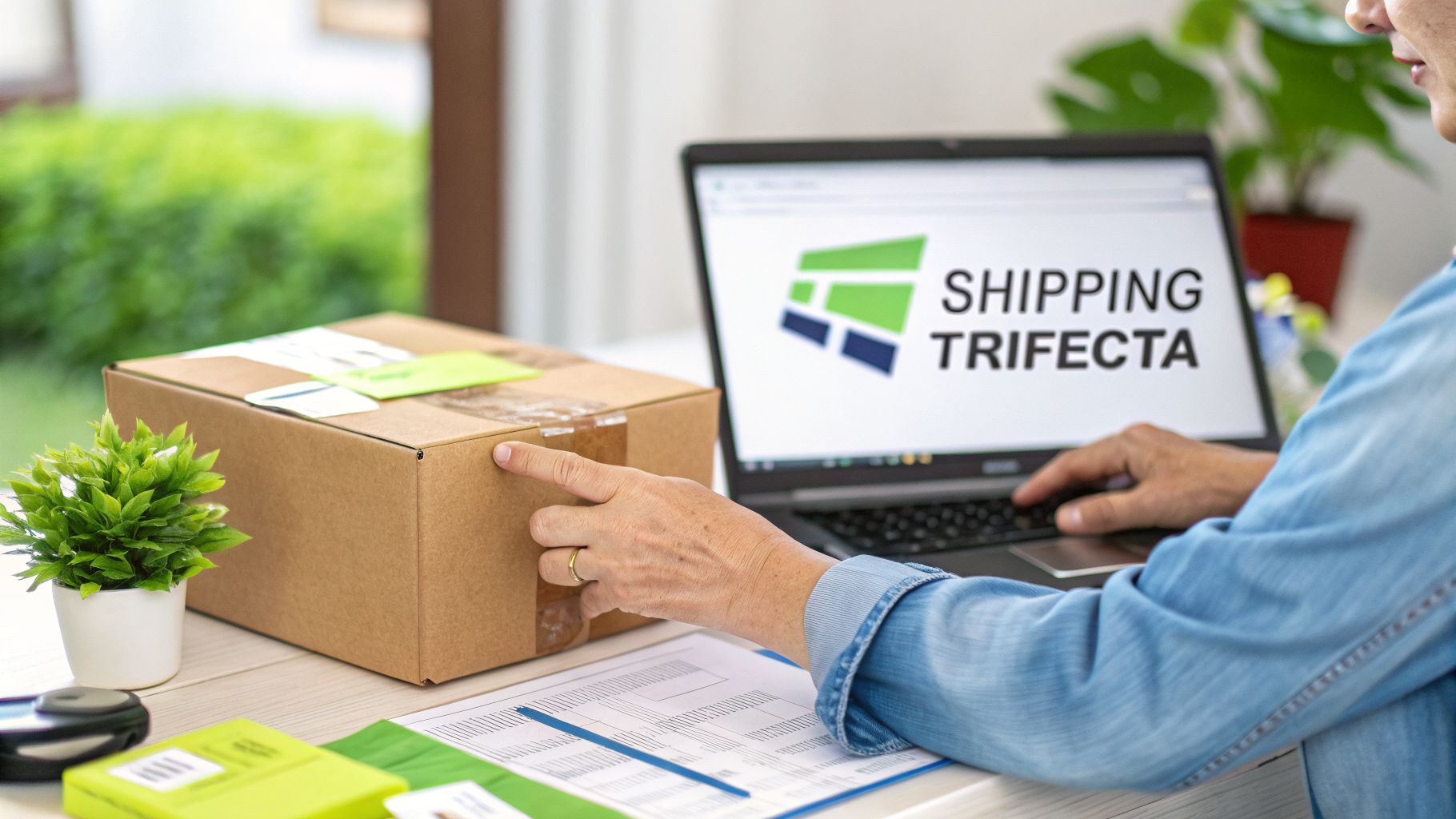 Person's hand pointing at a cardboard box on a desk next to a laptop displaying a shipping website.