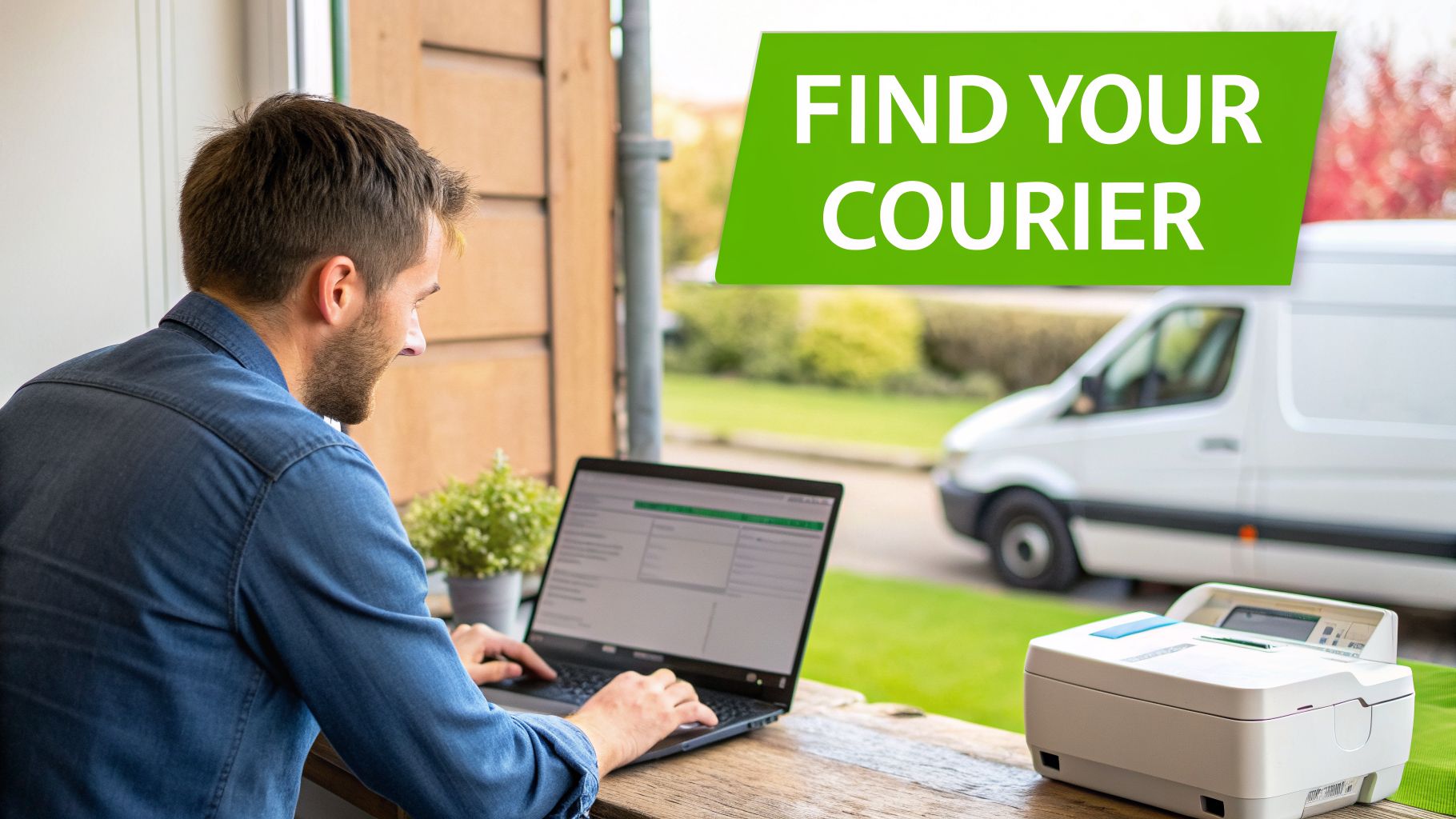A man works on a laptop outdoors, with a printer, a delivery van, and a 'FIND YOUR COURIER' banner.