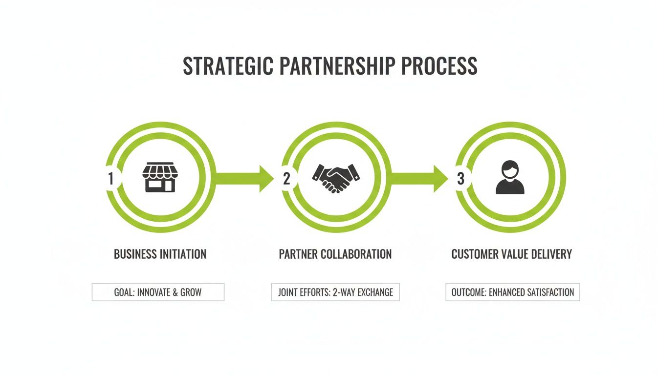 A three-step strategic partnership process diagram showing business initiation, partner collaboration, and customer value delivery.