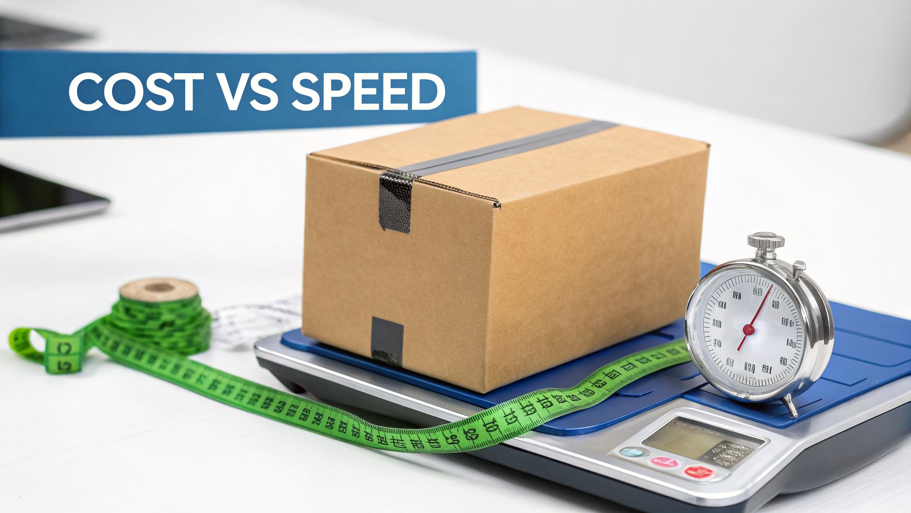 Cardboard box on a digital scale with measuring tape and stopwatch, representing delivery costs and speed.