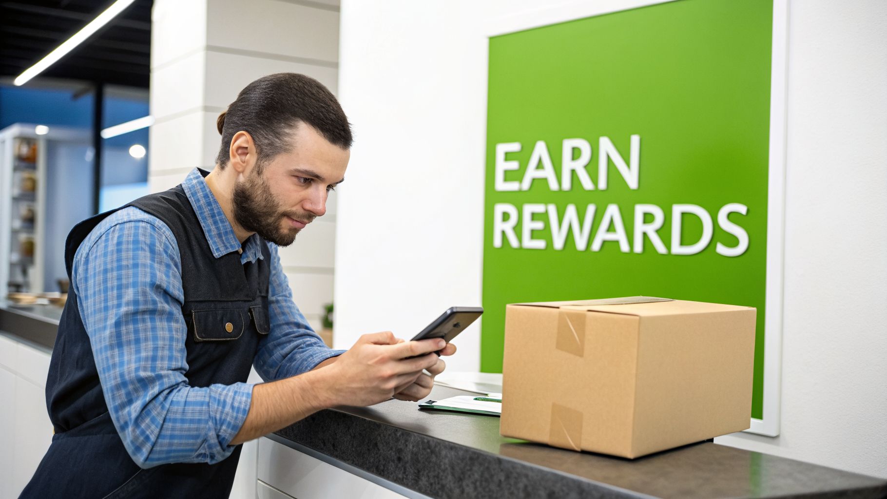 A man uses his phone at a counter next to a package and an 'Earn Rewards' sign.