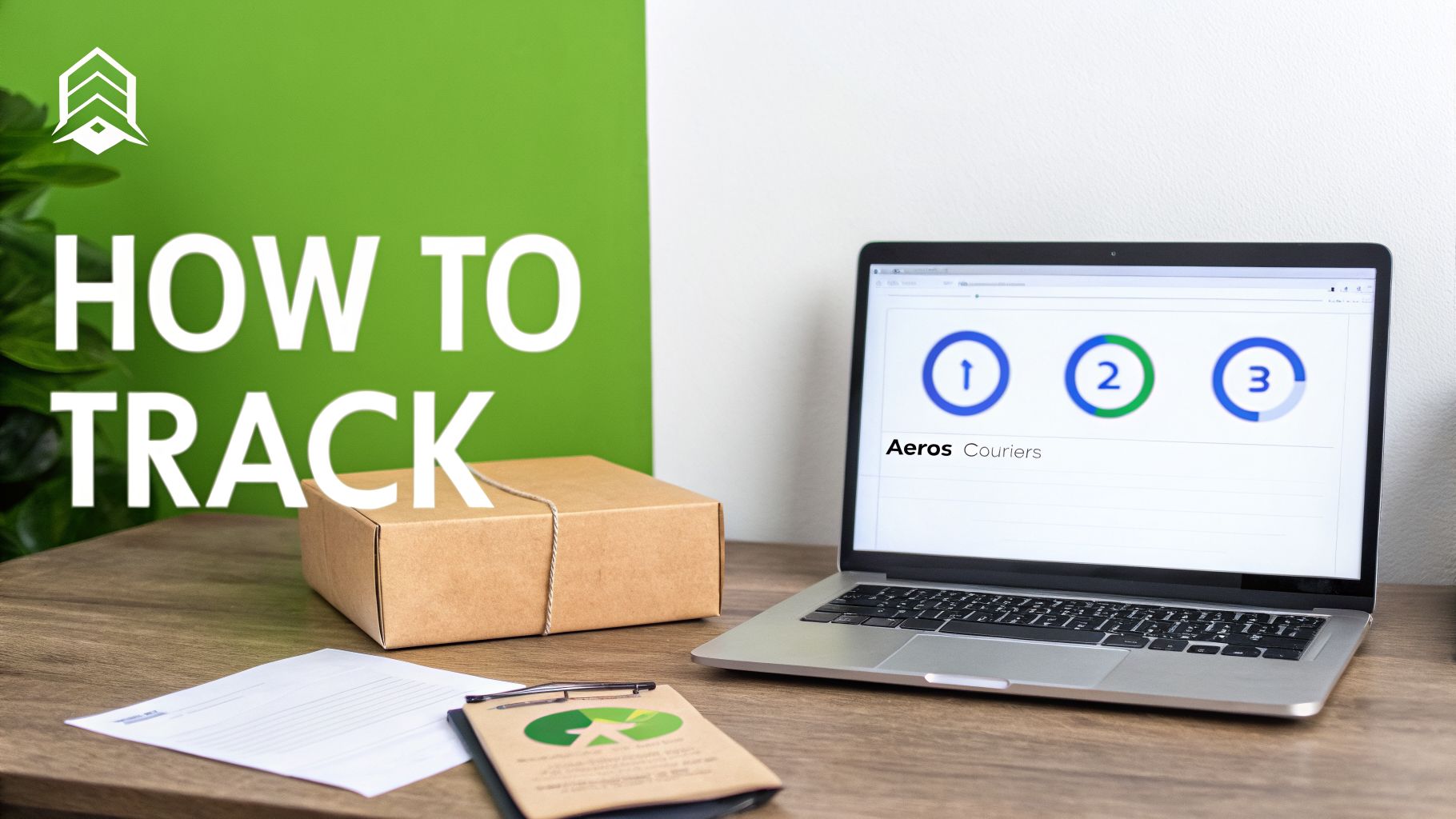 Laptop displaying Aeros Couriers package tracking, a brown delivery box, and a 'HOW TO TRACK' sign.