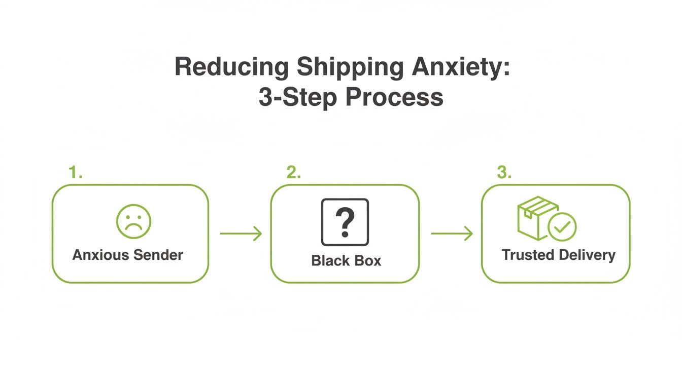 A diagram showing a 3-step process to reduce shipping anxiety: Anxious Sender, Black Box, Trusted Delivery.