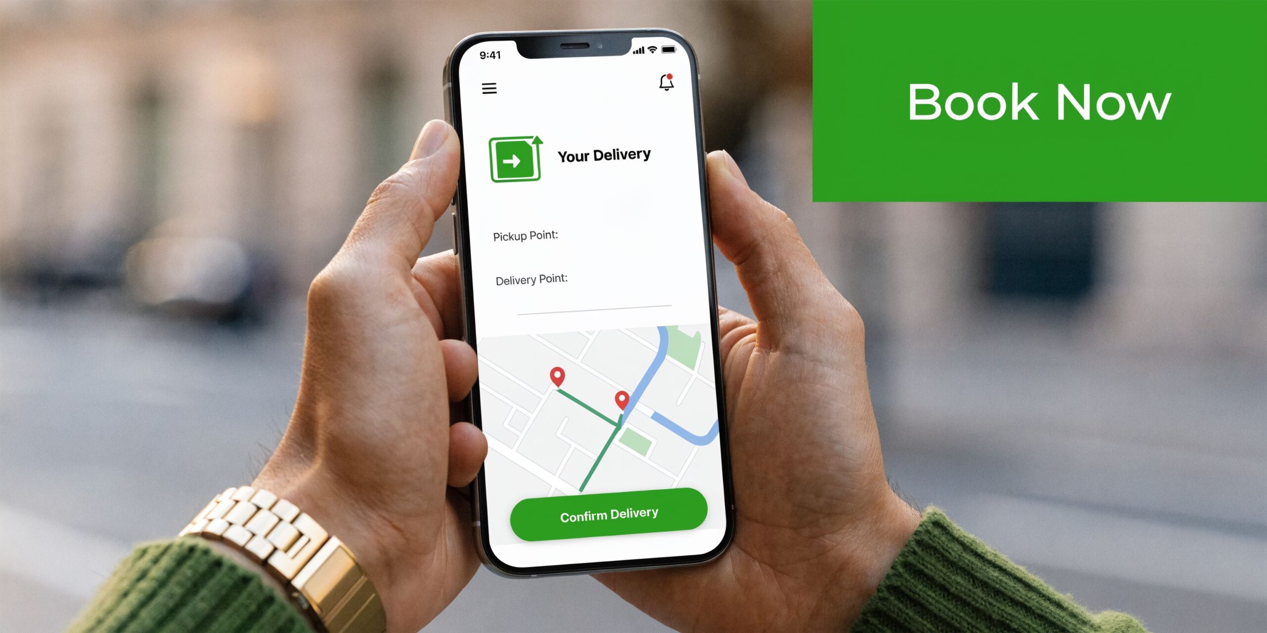 A person holding a smartphone displaying a delivery booking app interface with a map and route overlay.