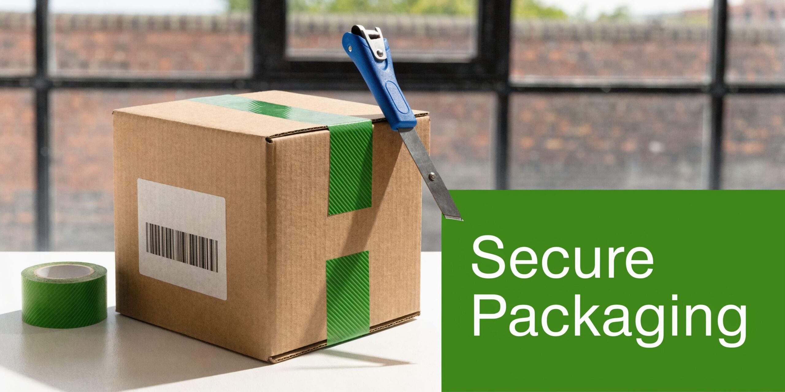 A cardboard package on a desk with a box cutter and green packing tape for secure shipping.