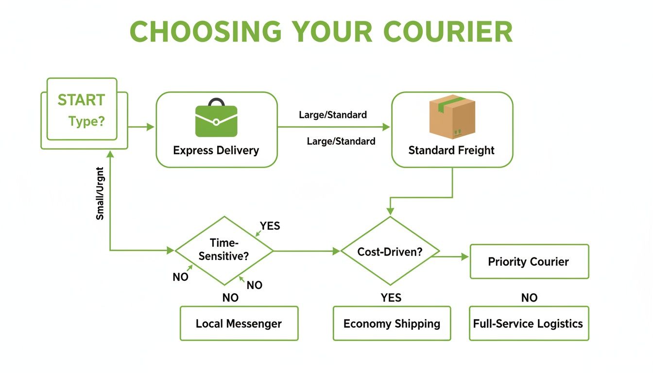 Flowchart showing courier selection based on package size, urgency, time sensitivity, and cost considerations for delivery.