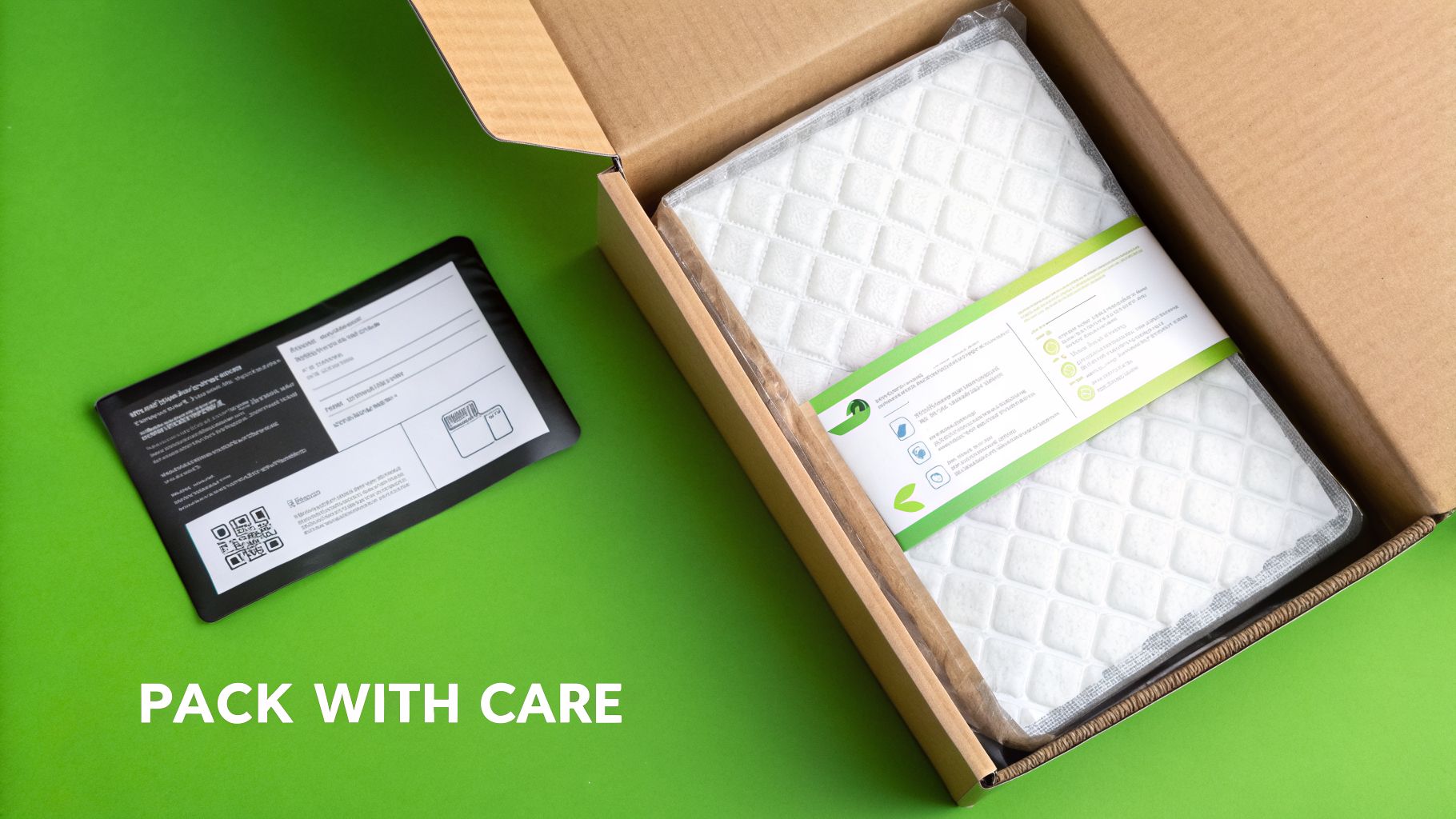 Overhead shot of an open cardboard box with a white quilted item and an information card on a green background.