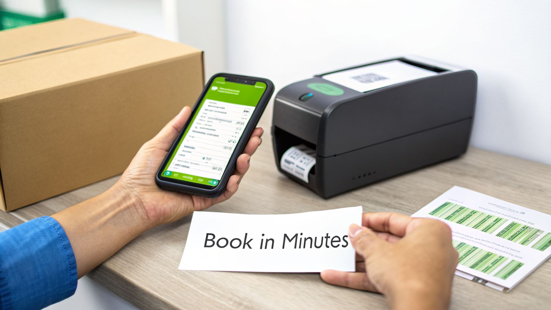 Hands holding a smartphone and 'Book in Minutes' note, next to a label printer and package.