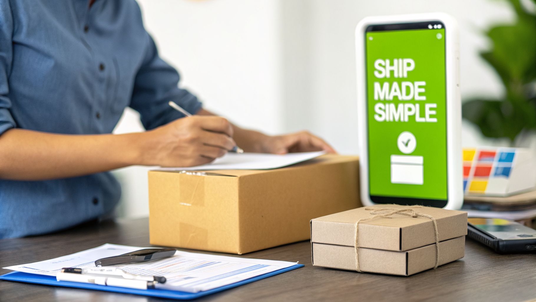 Person prepares domestic packages for shipment, using a smartphone app for simplified shipping.