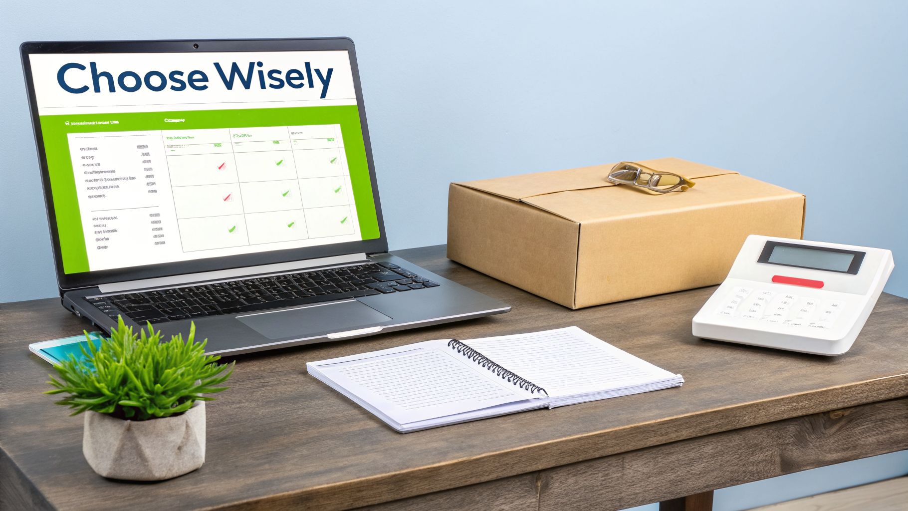 A laptop displaying 'Choose Wisely' and a comparison chart, along with a box, calculator, and notebook on a wooden desk.