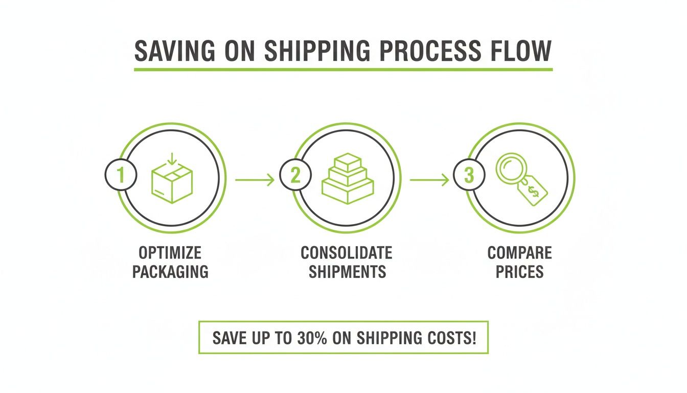 An infographic detailing three steps to save on shipping costs: optimize packaging, consolidate shipments, and compare prices.